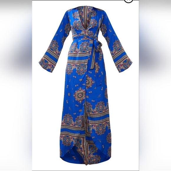 Cobalt Print Satin Kimono Maxi Dress - Picture 2 of 11